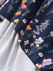 Teen Girls Fall Dresses Pastoral Style Navy Blue Patchwork Floral Long Sleeve Dress, Ribbed Waist, Puff Sleeves - Navy Blue - View 9