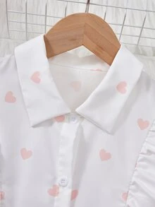 SHEIN 甜美風女童兩件式上衣套裝，粉色與白色淺粉心形印花上衣配蝴蝶結腰帶，搭配同款內搭褲，可愛家庭校園秋季穿搭 - 彩色 - 查看 3