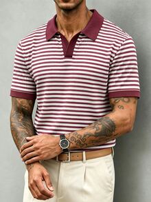 JOLTRO 男士條紋短袖休閒通勤 Polo 衫 - 玫紅色 - 查看 1