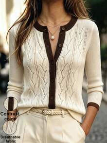 Linhara CURVE Plus Size Women's Solid Color Knit Cardigan With Color Block Round Neck Hollow Out Minimalist Casual Style Suitable For Daily Commute Office School Vacation - Multicolor - View 1