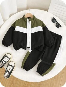 SHEIN 男嬰加厚工裝風黑色立領夾克長袖運動衫與黑色慢跑褲套裝，舒適百搭休閒時尚日常運動簡約百搭風，適合秋冬室內、戶外滑雪、日常、運動、派對、攝影 - 彩色 - 查看 3