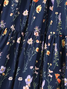 Teen Girls Fall Dresses Pastoral Style Navy Blue Patchwork Floral Long Sleeve Dress, Ribbed Waist, Puff Sleeves - Navy Blue - View 11