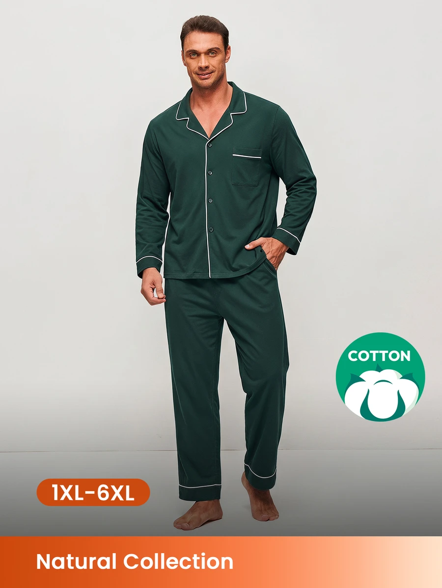 LUVLETTE Plus Size Fall Soft 100% Pure Cotton Sky Blue Basic Long Sleeve Button-Up Top & Pants Pajama Sets For Men Lounge With Pockets Pajamas Graphic - Dark Green - View 1