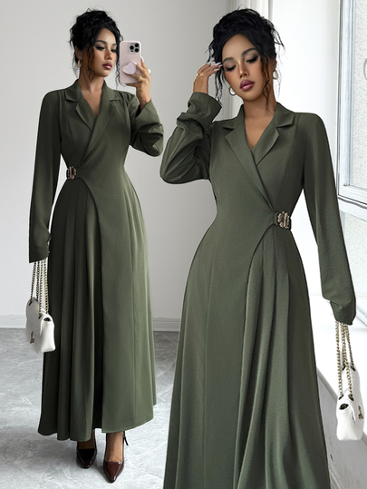 Elenzga Gaun Blazer Wanita Warna Hijau Army dengan Kerah Berlipit di Bagian Bawah, Gesper Pengait Logam di Samping Pinggang, Pinggang Belakang Elastis, Lengan Panjang, Panjang, Gaya Vintage Prancis yang Elegan, Cocok untuk Perjalanan ke Kantor, Kasual Bisnis, Liburan, Gaya Jalanan, Gaun Minimalis Serbaguna untuk Pesta, Halloween, Natal, Thanksgiving, Minum Teh Sore, Koleksi Terbaru Musim Gugur/Dingin