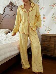 CottageSlumber Sweet Striped Ins Korean Style Bow Print Pajamas Women Long Sleeve Long Pants Loungewear - Yellow - View 5