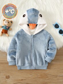 SHEIN Baby Boy Autumn/Winter Penguin Design Colorblock Thermal Lined Thick Hooded Jacket, Plush Jacket, Penguin Jacket, Blue Jacket, Infant Jacket - Multicolor - View 6
