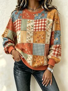 Bytebia Bytebia 美式鄉村風仿拼接格紋花卉女款衛衣，秋冬時尚圓領長袖田園風套頭上衣，適合日常休閒、戶外出遊與旅行 - 彩色 - 查看 3