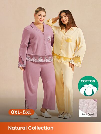 LUVLETTE Plus Size Womem Soft Pink 100% Pure Cotton Luxurious Lace Trim Button-Up Top & Pants Loungewear Pajama Set For Pyjama Cotton Pajamas Graphic