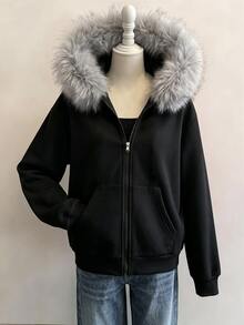 SHEIN 秋冬季青少年女孩連帽拉鍊外套 街頭風休閒圖案保暖針織面料 微寬鬆版型 校園街頭穿搭 黑色 - 黑色 - 查看 3