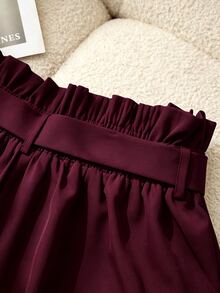 GlowEve CURVE Women's Plus Size Casual Versatile Long Pants With Ruffle Detail, Spring/Summer New High Waist Slim Straight Leg Black Pants With Pearl Embellishment - Maroon - View 4