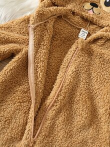 SHEIN 中性新生兒嬰兒男孩/女孩、幼兒秋冬保暖內裡加厚拼色拼接毛絨小狗連身衣，嬰兒冬季連身衣，萬聖節 - 棕色 - 查看 5