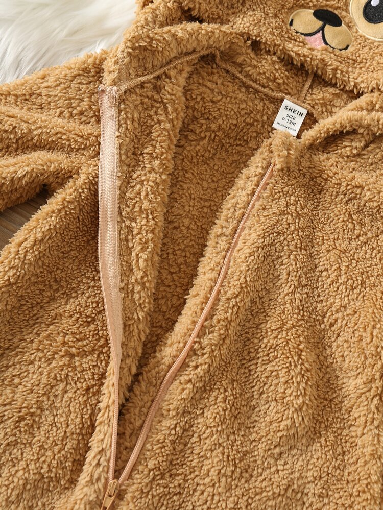 SHEIN Unisex Newborn Baby Boy/Girl, Toddler Autumn/Winter Thermal Lined Thickened Color Block Patchwork Plush Puppy Jumpsuit, Baby Winter Jumpsuit, Halloween - Brown - View 5