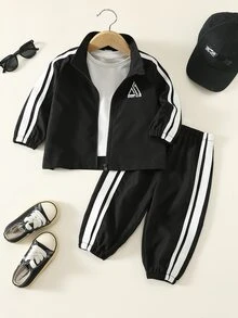 SHEIN 2件組男嬰秋冬款編織織帶圓領長袖夾克與鬆緊腰長褲套裝，嬰兒運動服套裝 - 彩色 - 查看 4