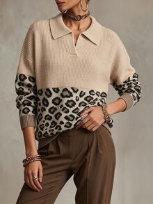 SHEIN Suéter casual de mujer con estampado de leopardo patchwork, hombros caídos y manga larga - Multicolor - Ver 5