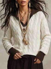 Linhara CURVE Plus Size Women's Solid Color Knit Pullover Sweater With Contrast Ribbed V-Neck, Minimalist Casual Style For Autumn/Winter Daily Commute - Beige - View 4