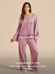 LUVLETTE Fall Soft Pink 100% Pure Cotton Luxurious Lace Trim Button-Up Top & Pants Loungewear Pajama Set For Pyjama Cotton Pajamas Graphic - Pink - View 9