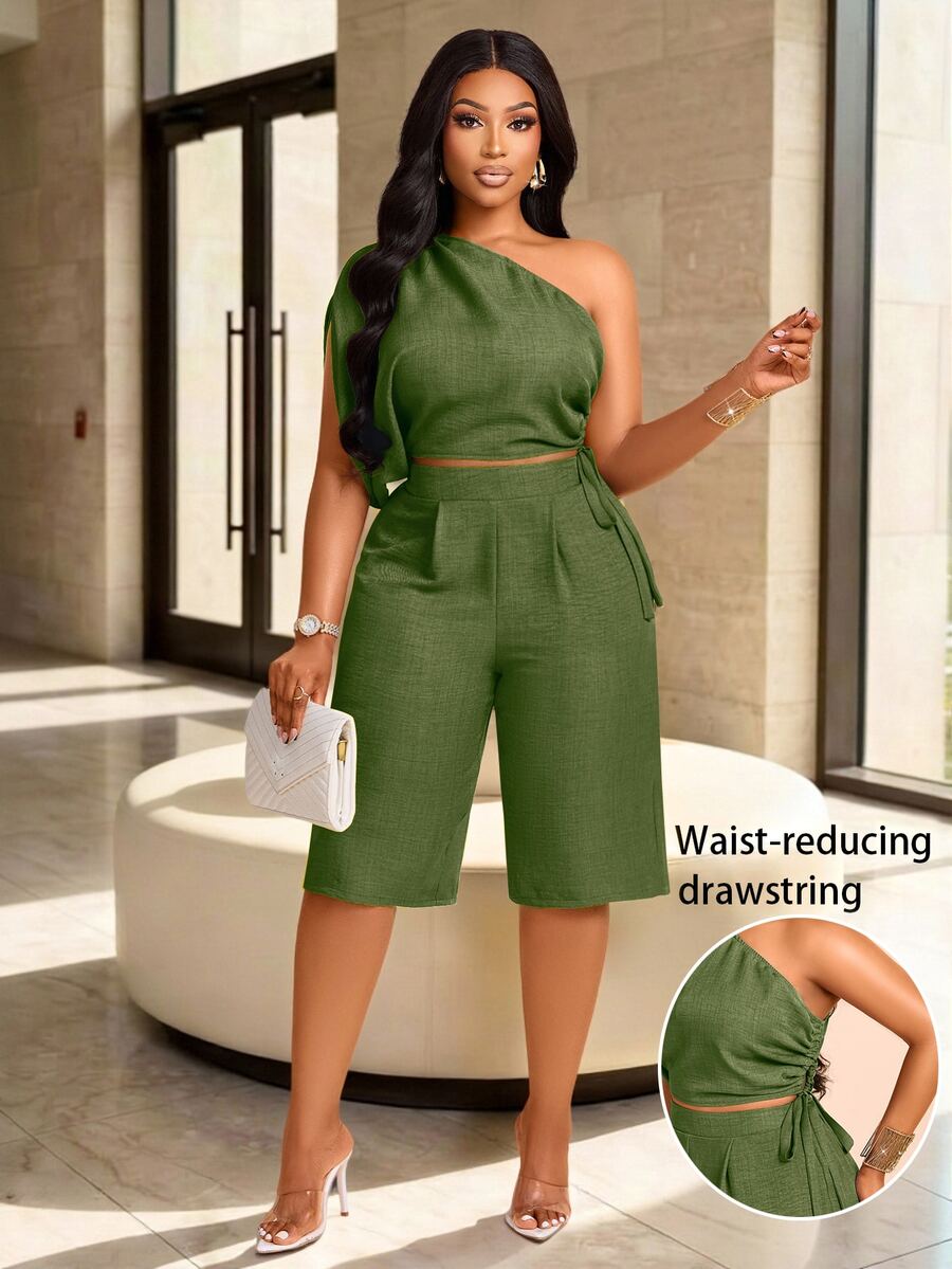 Brilight Elegant Spring/Summer Women's Commute And Casual Wear: Two Pieces Set Of Adjustable Pleated Off-Shoulder Top And Capri Pants. Suitable For Vacation. - Green - View 1