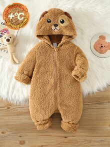SHEIN 中性新生兒嬰兒男孩/女孩、幼兒秋冬保暖內裡加厚拼色拼接毛絨小狗連身衣，嬰兒冬季連身衣，萬聖節 - 棕色 - 查看 3