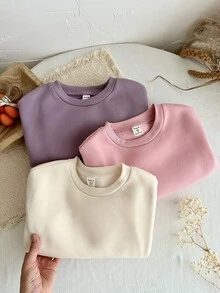 SHEIN 女童針織純色圓領修身休閒運動衫 3 件套 - 彩色 - 查看 7
