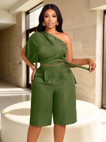 Brilight Elegant Spring/Summer Women's Commute And Casual Wear: Two Pieces Set Of Adjustable Pleated Off-Shoulder Top And Capri Pants. Suitable For Vacation. - Green - View 9
