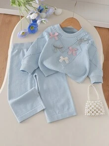 SHEIN 6個月-3歲女嬰鑽石格紋波浪3D蝴蝶結裝飾針織上衣寬腿褲2件套，圓領針織上衣直筒褲嬰幼兒秋冬套裝 - 藍色 - 查看 1