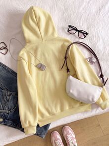 SHEIN 1件女孩軟萌甜美風粉色連帽衛衣，長袖，抓絨，秋季服飾，柔軟面料，寬鬆版型，舒適 - 黃色 - 查看 2