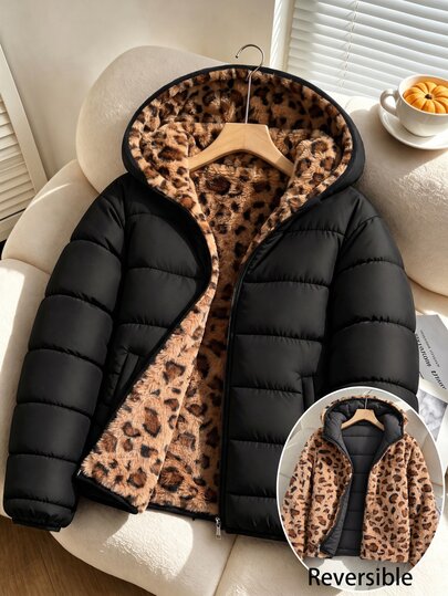 SHEIN Tween Girls Black Reversible Leopard Print Fleece Lined Winter Coats
