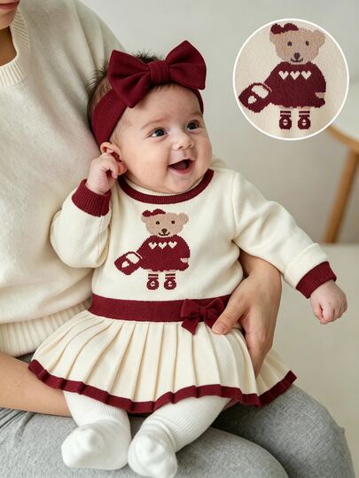 Souflis Souflis Baby Girls Sweaters Dress Cute Bear Jacquard Decor Crew Neck Pullover A-Line Dress With Pleated Hem And Handmade Bow Decoration, Comfortable For Outings And Travel