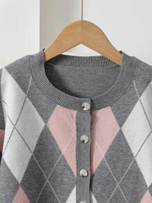 Girls 8-12 Grey Base Pink & White Argyle Jacquard Knit Cardigan, Ribbed Trim Placket Single-Breasted Button Design, Loose Drop Shoulder Fit, Student Daily Layering Knit Sweater Cardigan - Grey - View 3
