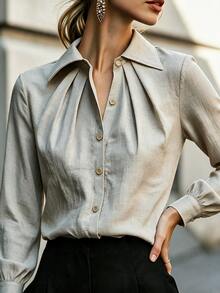 SHEIN ملابس علوية طويل الأكمام بياقة وأزرار أمامية مطوية بأسلوب فرنسي للخريف المبكر، ملابس علوية كاجوال بأكمام طويلة وفتحة مطوية بصف واحد من الأزرار - كاكي - مشاهدة 6