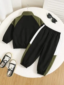 SHEIN 男嬰加厚工裝風黑色立領夾克長袖運動衫與黑色慢跑褲套裝，舒適百搭休閒時尚日常運動簡約百搭風，適合秋冬室內、戶外滑雪、日常、運動、派對、攝影 - 彩色 - 查看 2
