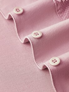LUVLETTE Fall Soft Pink 100% Pure Cotton Luxurious Lace Trim Button-Up Top & Pants Loungewear Pajama Set For Pyjama Cotton Pajamas Graphic - Pink - View 15