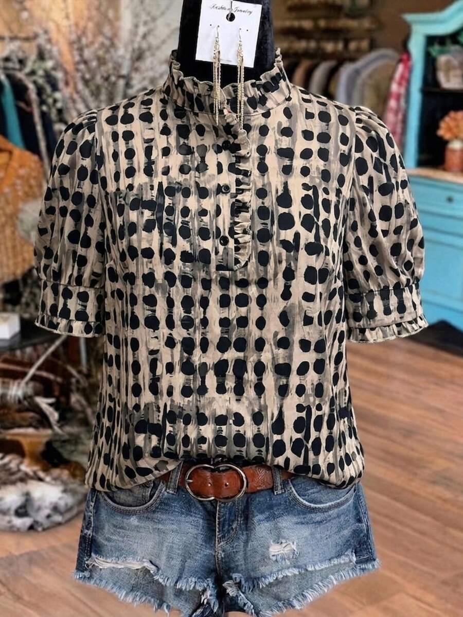 EMERY ROSE 大尺碼歐美風優雅時尚抽象幾何波點荷葉邊短袖襯衫上衣 夏季休閒度假穿搭上衣 - 彩色 - 查看 1