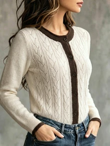 Linhara CURVE Plus Size Women's Solid Color Knit Cardigan With Color Block Round Neck Hollow Out Minimalist Casual Style Suitable For Daily Commute Office School Vacation - Multicolor - View 5