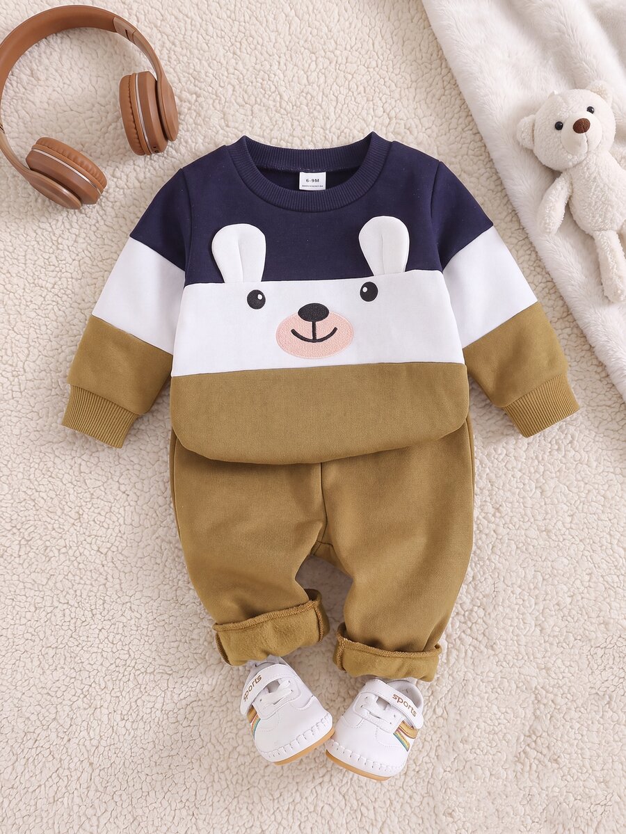 SHEIN Playful Pals 男嬰拼色卡通印花運動衫與運動長褲套裝 - 彩色 - 查看 1