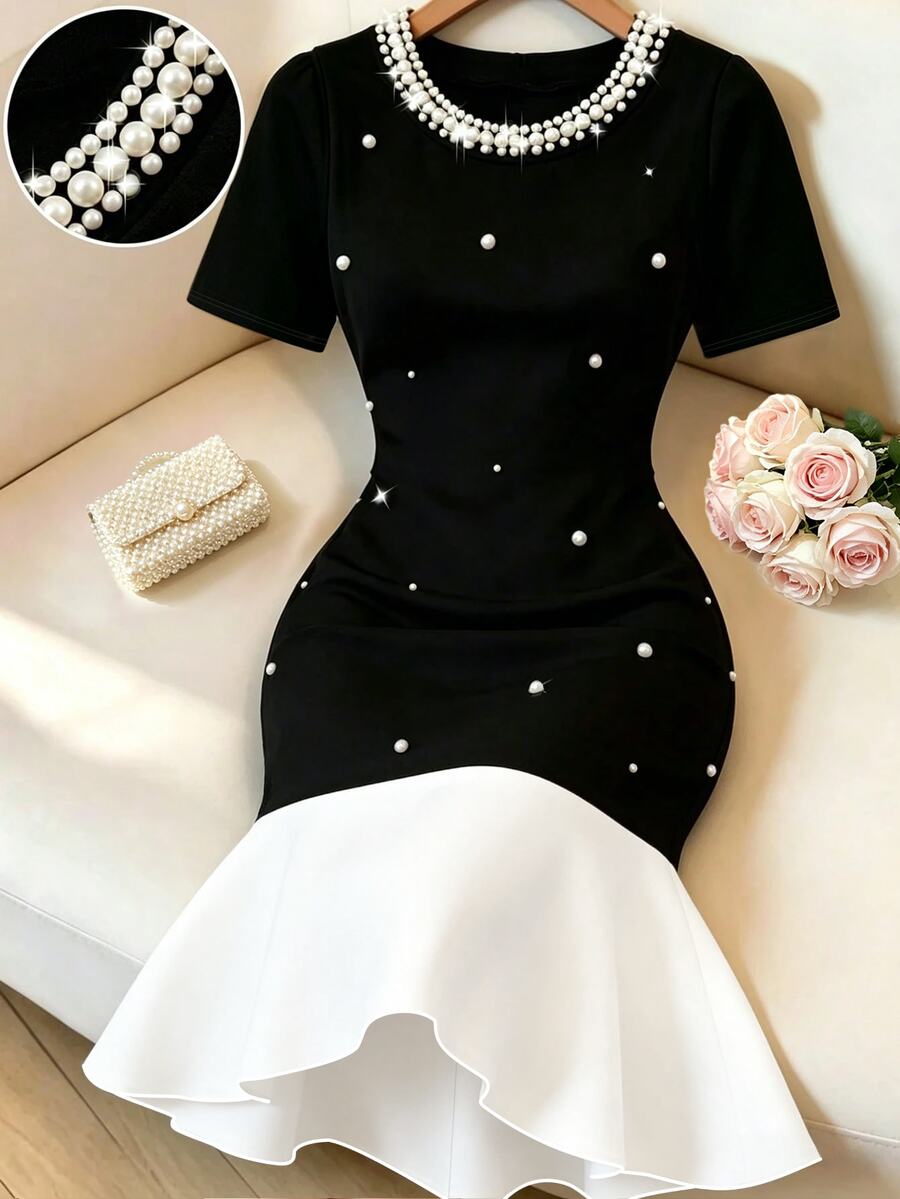 SHEIN Clasi Women's Summer Black And White Patchwork Design Minimalist Elegant Round Neck Short Sleeve Fitted Bodycon Fishtail Knee-Length Dress Dinner - Black and White - View 1