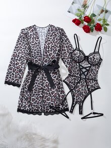 SHEIN 性感經典豹紋連身衣 + 晨袍 + 2條腿環 + 腰帶 4件套 - 黑色 - 查看 6