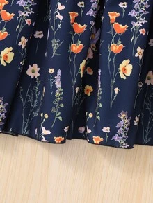 Teen Girls Fall Dresses Pastoral Style Navy Blue Patchwork Floral Long Sleeve Dress, Ribbed Waist, Puff Sleeves - Navy Blue - View 13