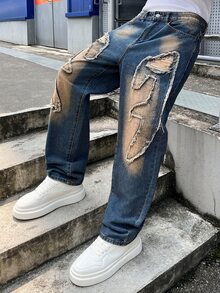 Manfinity EMRG 美式街頭風中性刺繡毛邊牛仔褲 - 藍色 - 查看 1