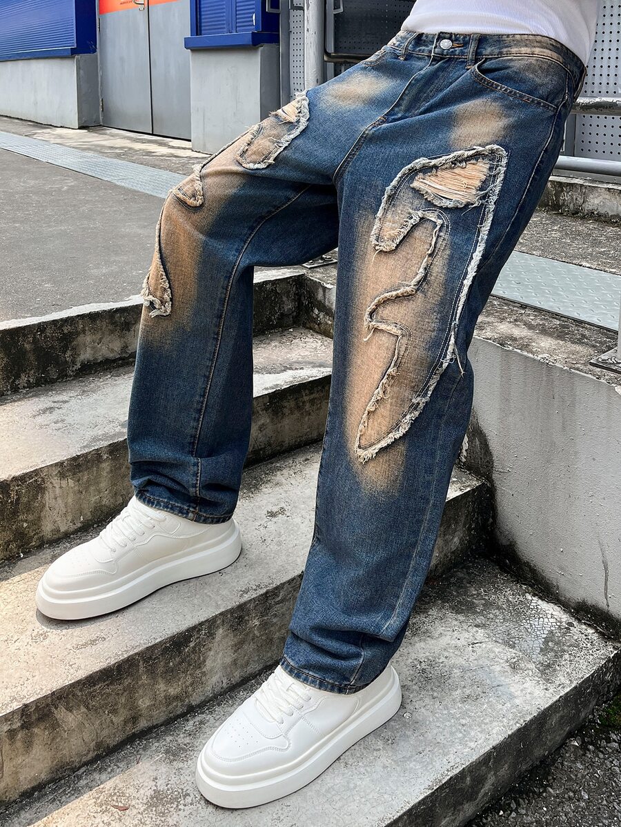 Manfinity EMRG 美式街頭風中性刺繡毛邊牛仔褲 - 藍色 - 查看 1