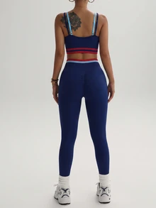 SHEIN Dewbera Women's Colorblock 2 In 1 Camisole Top And High-Waisted Leggings Casual Daily Sports Set - Navy Blue - View 4