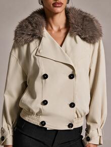 SHEIN BAE Ivory White Woven Cropped Jacket With Detachable Faux Fur Collar, Double Breasted Flap Pockets Elasticated Hem, Weekend Brunch Fall Winter Coat - White - View 5
