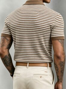 JOLTRO 男士時尚條紋拼色短袖 Polo 衫 - 棕色 - 查看 2