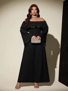 Viva Relle Plus Size Off-Shoulder Pleated Loose Jumpsuit - Black - View 4