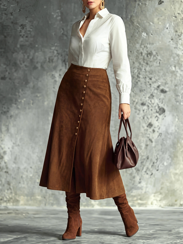 Linhara CURVE Women's Plus Size Brown Suede High Waist Diagonal Button Flared Fishtail Skirt, Vintage Caramel Color Side Metal Buckle A-Line Umbrella Skirt, Casual Commute Elegant Spring Autumn Versatile New Style