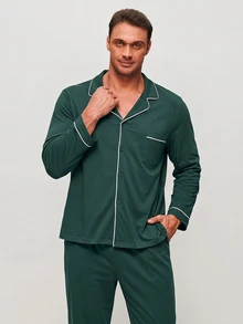 LUVLETTE Plus Size Fall Soft 100% Pure Cotton Sky Blue Basic Long Sleeve Button-Up Top & Pants Pajama Sets For Men Lounge With Pockets Pajamas Graphic - Dark Green - View 9
