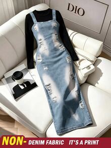 SHEIN Franclia Autumn/Winter Vintage Graphic Washed Distressed Ripped Print Suspenders Long Dress Women's Bodycon Spaghetti Strap Day Time Black Light Blue - Blue - View 1