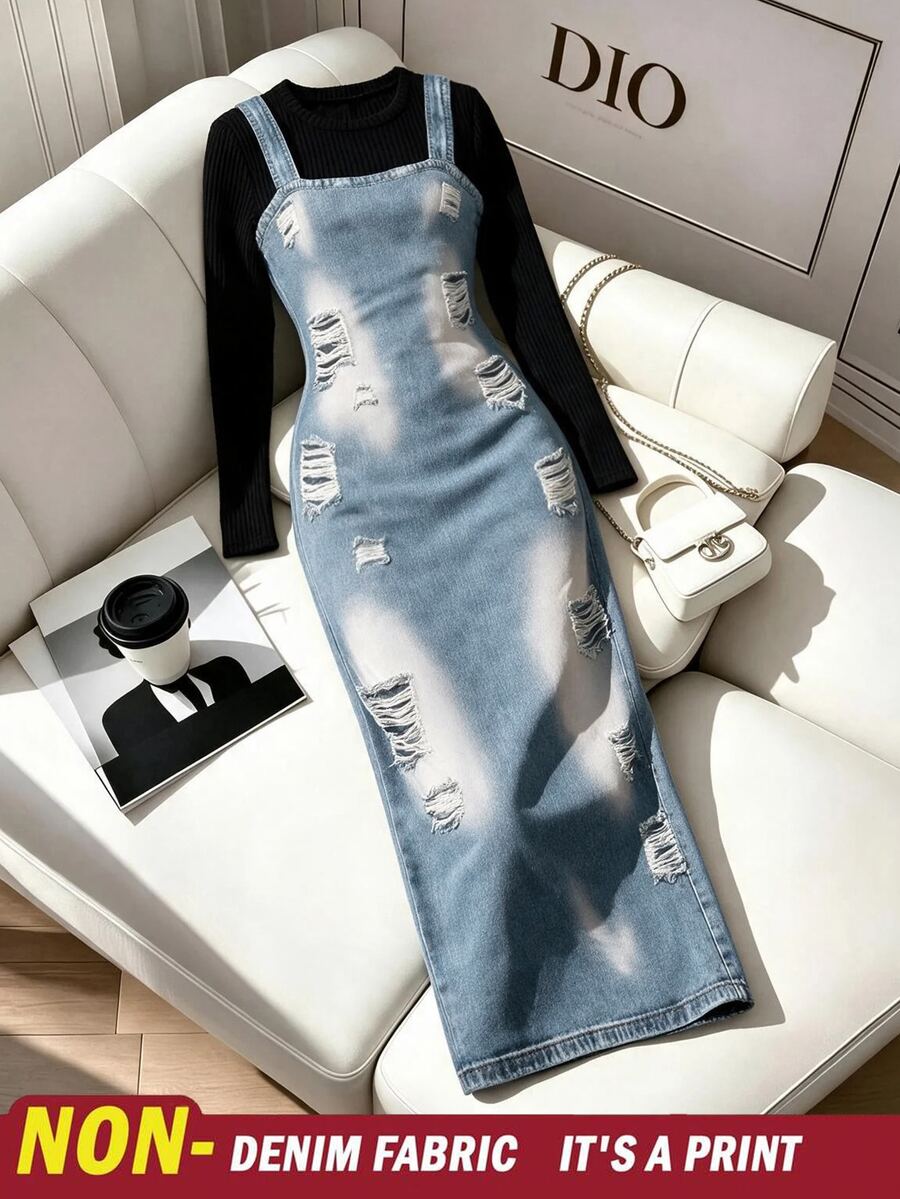 SHEIN Franclia Autumn/Winter Vintage Graphic Washed Distressed Ripped Print Suspenders Long Dress Women's Bodycon Spaghetti Strap Day Time Black Light Blue - Blue - View 1