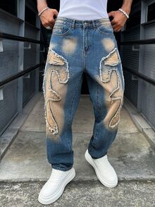 Manfinity EMRG 美式街頭風中性刺繡毛邊牛仔褲 - 藍色 - 查看 3