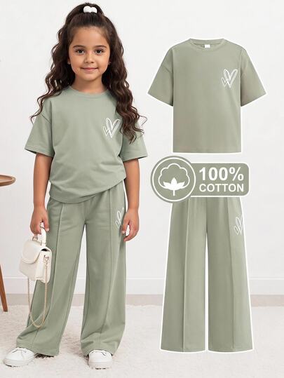 SHEIN Young Girl Knit Solid Color Short Sleeve Round Neck Casual Heart Pattern T-Shirt And Long Pants 2 Pieces Set